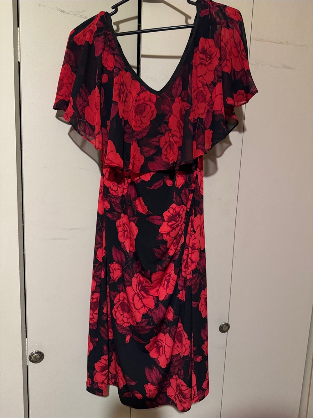 Black Midi Dress with Red Floral Print and Flutter Sleeves